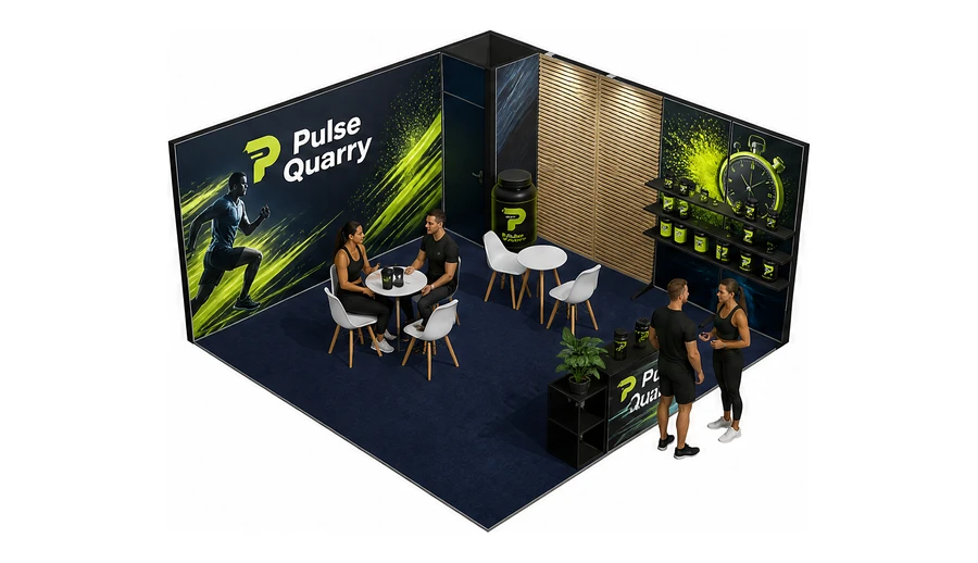 Stoisko 5 × 5 m narożne prawe dla branży suplementy diety, przykładowa marka Pulse Quarry