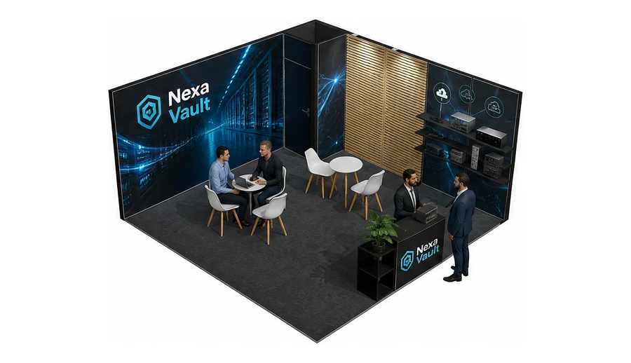 Stoisko 5 × 5 m narożne prawe dla branży infrastruktura IT i data center, przykładowa marka Nexa Vault