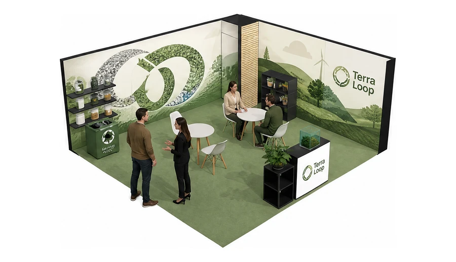 Stoisko 5 × 5 m narożne prawe dla branży recykling i ochrona środowiska, przykładowa marka Terra Loop
