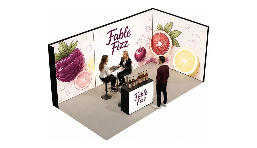 Stoisko 6 × 3 m narożne prawe dla branży napoje, przykładowa marka Fable Fizz