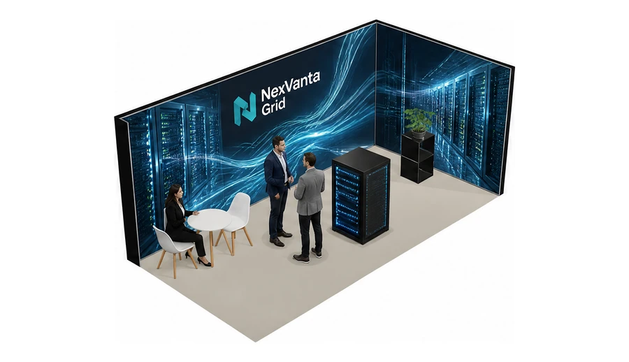 Stoisko 6 × 3 m narożne prawe dla branży infrastruktura IT i data center, przykładowa marka NexVanta Grid