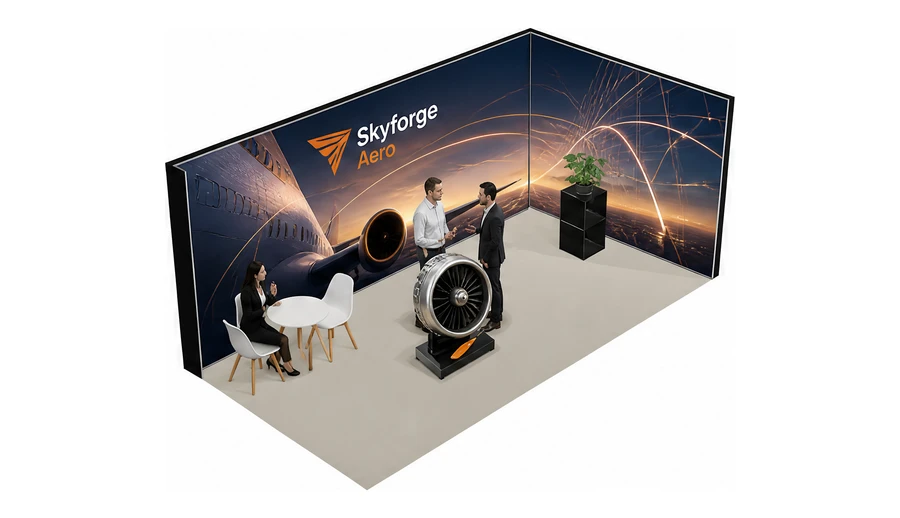 Stoisko 6 × 3 m narożne prawe dla branży lotnictwo, przykładowa marka Skyforge Aero