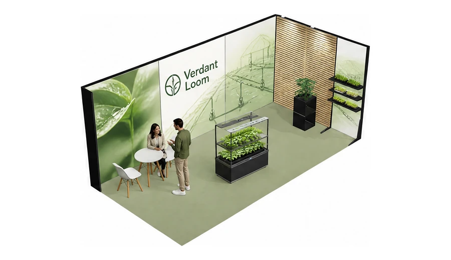 Stoisko 6 × 3 m narożne prawe dla branży sadownictwo i warzywnictwo, przykładowa marka Verdant Loom
