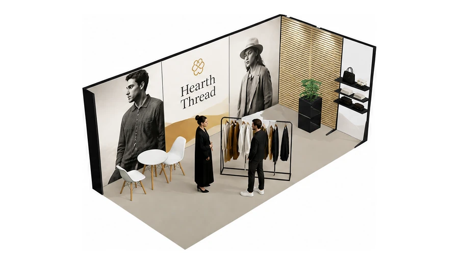 Stoisko 6 × 3 m narożne prawe dla branży odzież i moda, przykładowa marka Hearth Thread