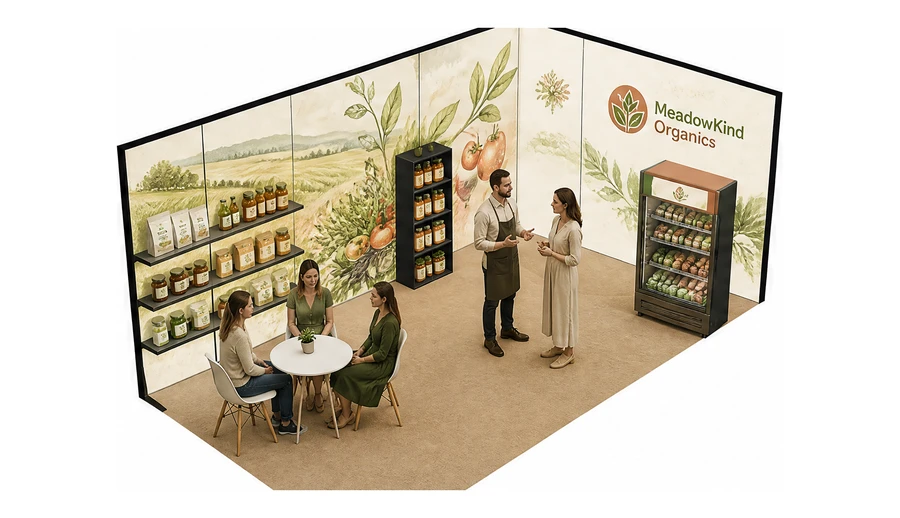Stoisko 6 × 3 m narożne prawe dla branży żywność ekologiczna, przykładowa marka MeadowKind Organics