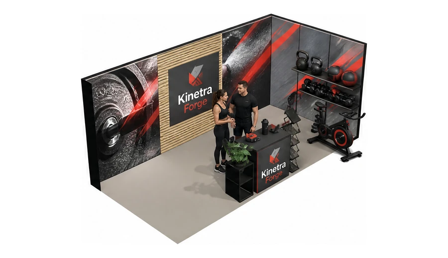 Stoisko 6 × 3 m narożne prawe dla branży fitness i siłownie, przykładowa marka Kinetra Forge