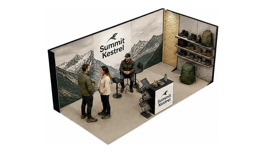 Stoisko 6 × 3 m narożne prawe dla branży odzież i sprzęt outdoorowy, przykładowa marka Summit Kestrel