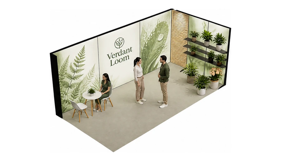 Stoisko 6 × 3 m narożne prawe dla branży rośliny i kwiaciarstwo, przykładowa marka Verdant Loom