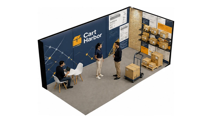 Stoisko 6 × 3 m narożne prawe dla branży e-commerce, przykładowa marka Cart Harbor