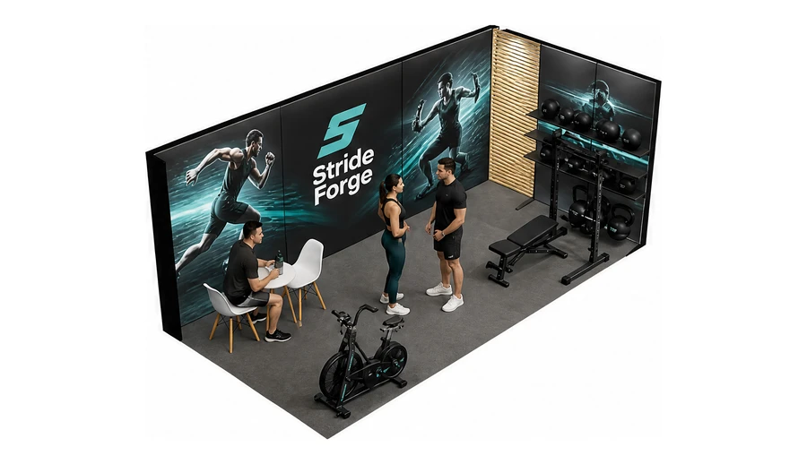 Stoisko 6 × 3 m narożne prawe dla branży sprzęt sportowy, przykładowa marka Stride Forge