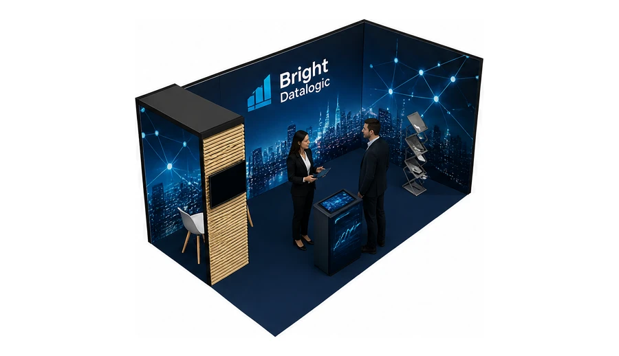 Stoisko 6 × 3 m narożne prawe dla branży sztuczna inteligencja i dane, przykładowa marka Bright Datalogic