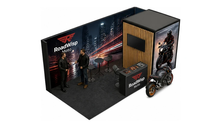 Stoisko 6 × 3 m narożne prawe dla branży motocykle i skutery, przykładowa marka RoadWisp Moto