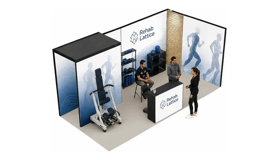 Stoisko 6 × 3 m narożne prawe dla branży rehabilitacja i fizjoterapia, przykładowa marka Rehab Lattice