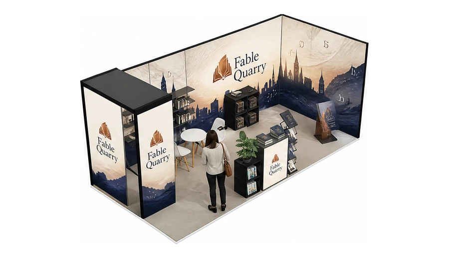 Stoisko 6 × 3 m narożne prawe dla branży wydawnictwa, przykładowa marka Fable Quarry