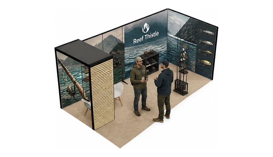 Stoisko 6 × 3 m narożne prawe dla branży wędkarstwo, przykładowa marka Reef Thistle
