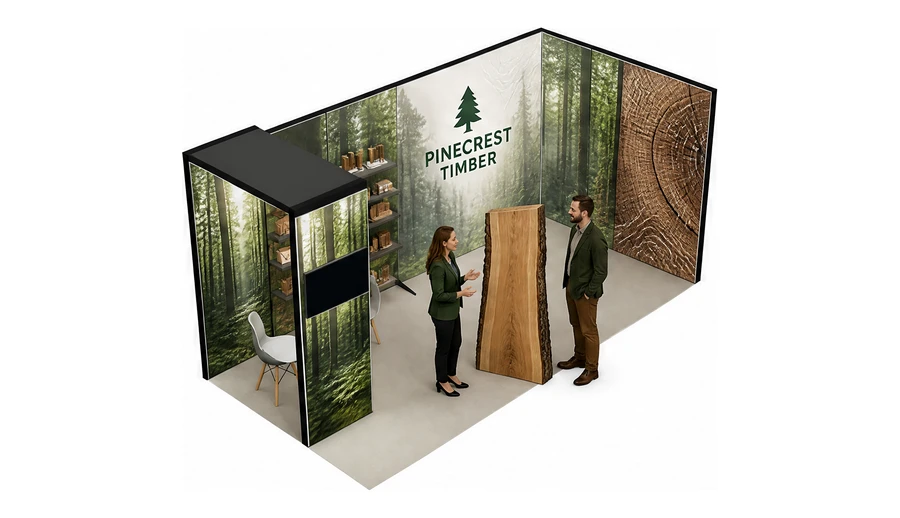 Stoisko 6 × 3 m narożne prawe dla branży leśnictwo i przemysł drzewny, przykładowa marka Pinecrest Timber