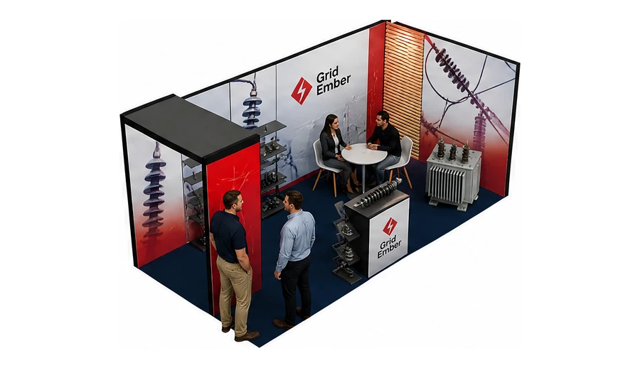 Stoisko 6 × 3 m narożne prawe dla branży energetyka i sieci, przykładowa marka Grid Ember