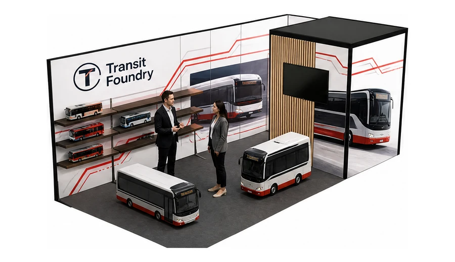 Stoisko 6 × 3 m narożne prawe dla branży autobusy i transport zbiorowy, przykładowa marka Transit Foundry