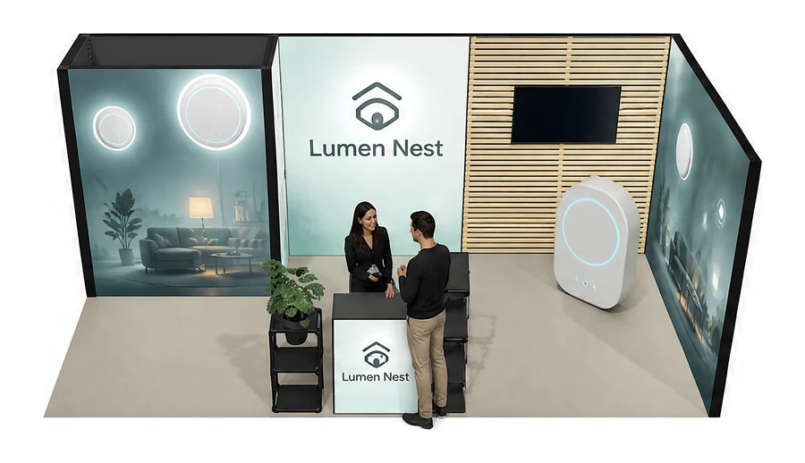 Stoisko 6 × 3 m narożne prawe dla branży smart home i IoT, przykładowa marka Lumen Nest