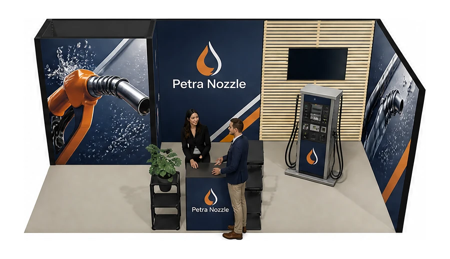 Stoisko 6 × 3 m narożne prawe dla branży stacje paliw, przykładowa marka Petra Nozzle