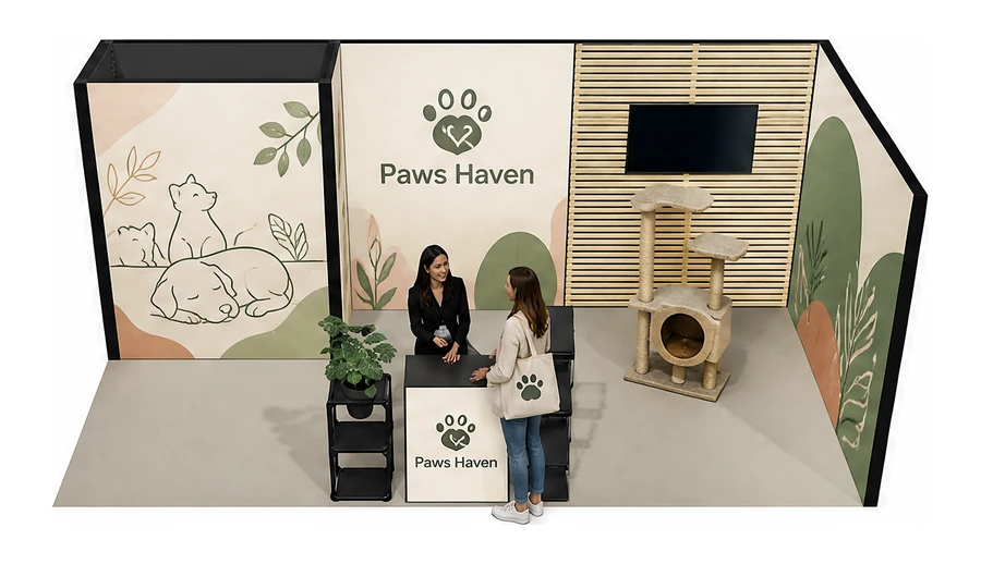 Stoisko 6 × 3 m narożne prawe dla branży akcesoria dla zwierząt, przykładowa marka Paws Haven