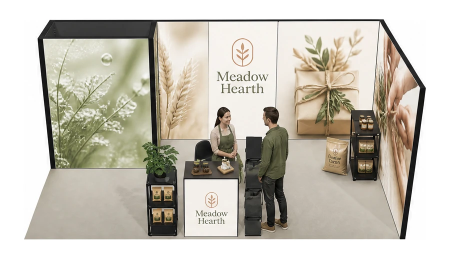Stoisko 6 × 3 m narożne prawe dla branży żywność ekologiczna, przykładowa marka Meadow Hearth