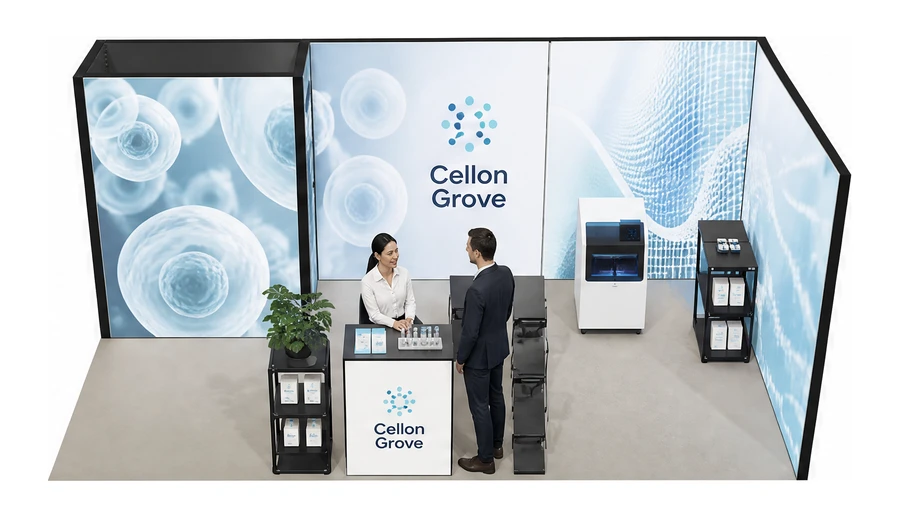 Stoisko 6 × 3 m narożne prawe dla branży farmacja i biotechnologia, przykładowa marka Cellon Grove