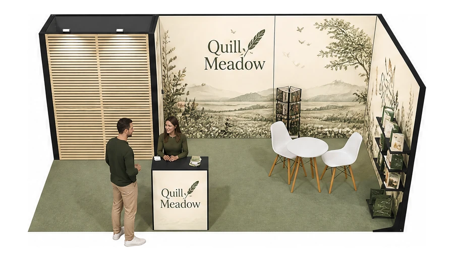 Stoisko 6 × 3 m narożne prawe dla branży wydawnictwa, przykładowa marka Quill Meadow