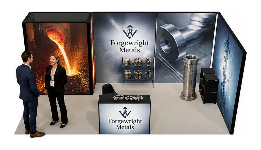 Stoisko 6 × 3 m narożne prawe dla branży obróbka metali i odlewnictwo, przykładowa marka Forgewright Metals