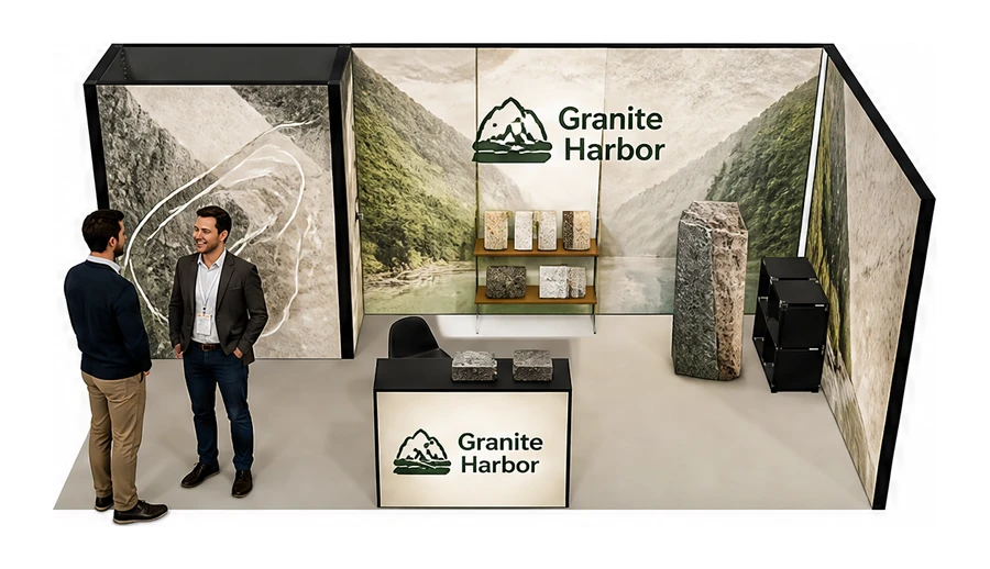 Stoisko 6 × 3 m narożne prawe dla branży kamień i kamieniarstwo, przykładowa marka Granite Harbor