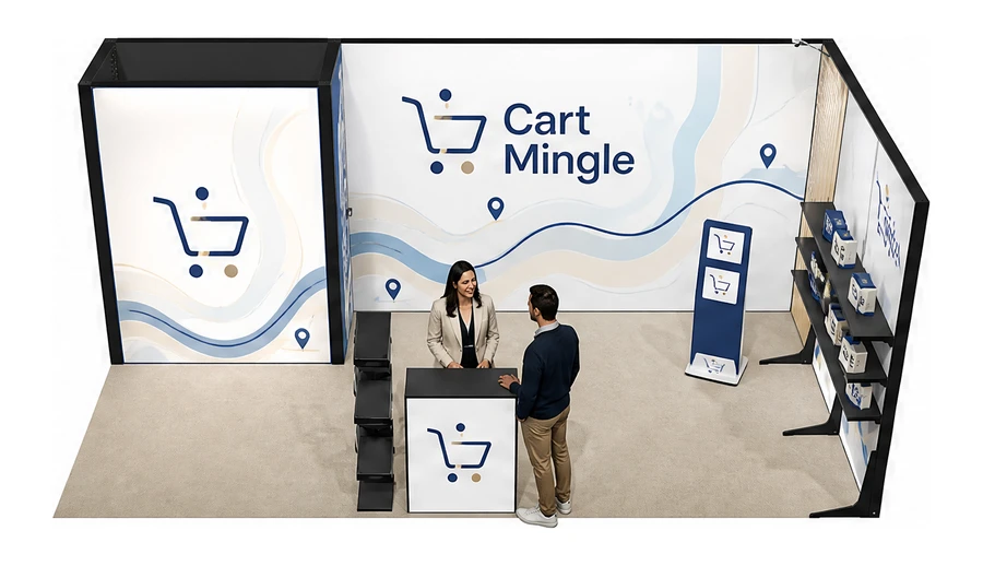 Stoisko 6 × 3 m narożne prawe dla branży e-commerce, przykładowa marka Cart Mingle