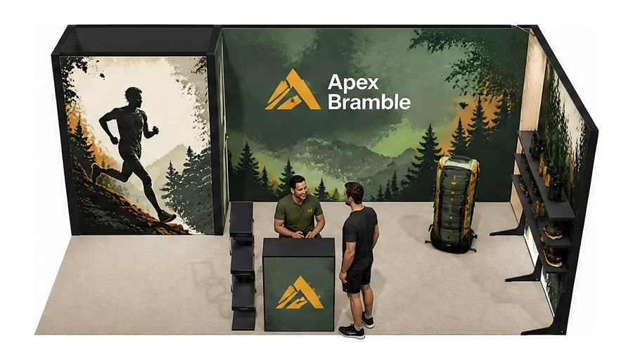 Stoisko 6 × 3 m narożne prawe dla branży sprzęt sportowy, przykładowa marka Apex Bramble