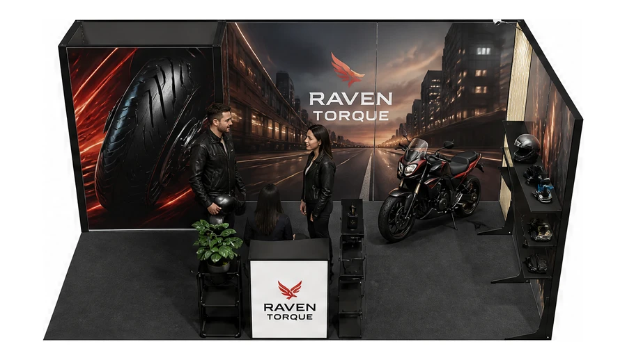 Stoisko 6 × 3 m narożne prawe dla branży motocykle i skutery, przykładowa marka Raven Torque