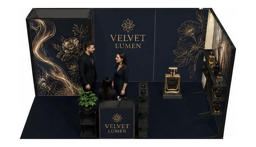 Stoisko 6 × 3 m narożne prawe dla branży perfumy, przykładowa marka Velvet Lumen