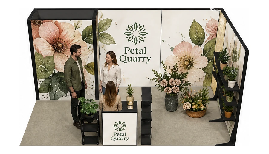 Stoisko 6 × 3 m narożne prawe dla branży rośliny i kwiaciarstwo, przykładowa marka Petal Quarry