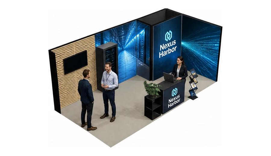 Stoisko 6 × 3 m narożne prawe dla branży infrastruktura IT i data center, przykładowa marka Nexus Harbor