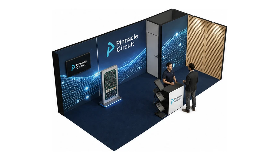 Stoisko 6 × 3 m narożne prawe dla branży komponenty elektroniczne, przykładowa marka Pinnacle Circuit