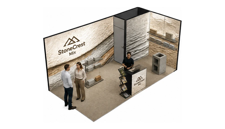Stoisko 6 × 3 m narożne prawe dla branży materiały budowlane, przykładowa marka StoneCrest Mix