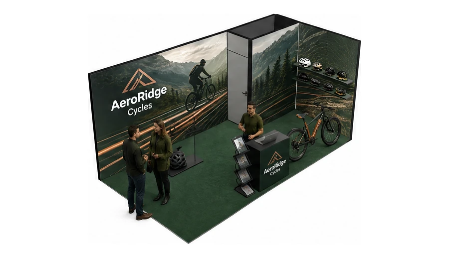 Stoisko 6 × 3 m narożne prawe dla branży rowery elektryczne, przykładowa marka AeroRidge Cycles