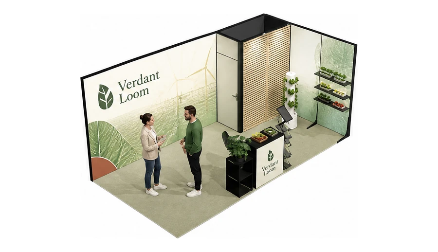Stoisko 6 × 3 m narożne prawe dla branży sadownictwo i warzywnictwo, przykładowa marka Verdant Loom