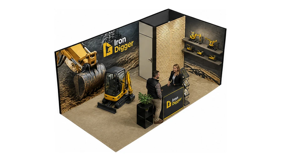 Stoisko 6 × 3 m narożne prawe dla branży maszyny budowlane, przykładowa marka Iron Digger