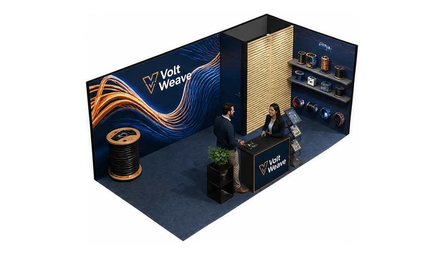 Stoisko 6 × 3 m narożne prawe dla branży kable i elektrotechnika, przykładowa marka Volt Weave