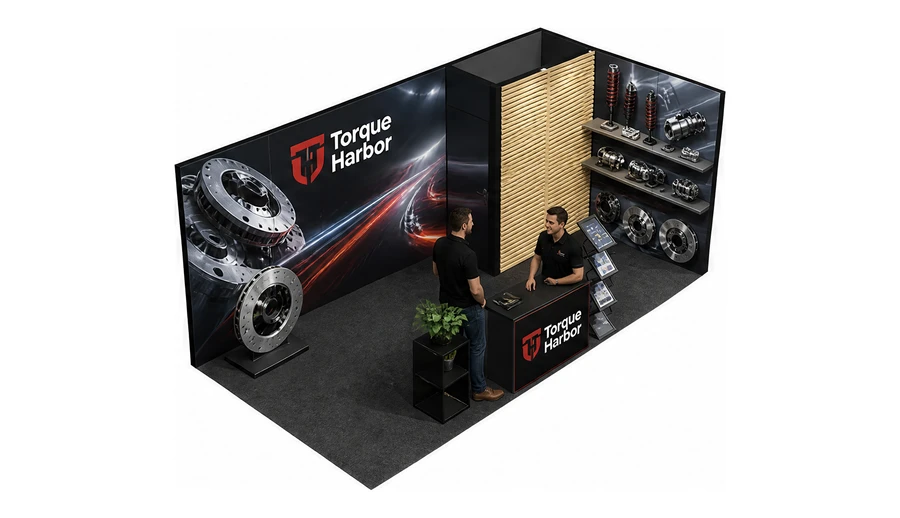 Stoisko 6 × 3 m narożne prawe dla branży części motoryzacyjne, przykładowa marka Torque Harbor
