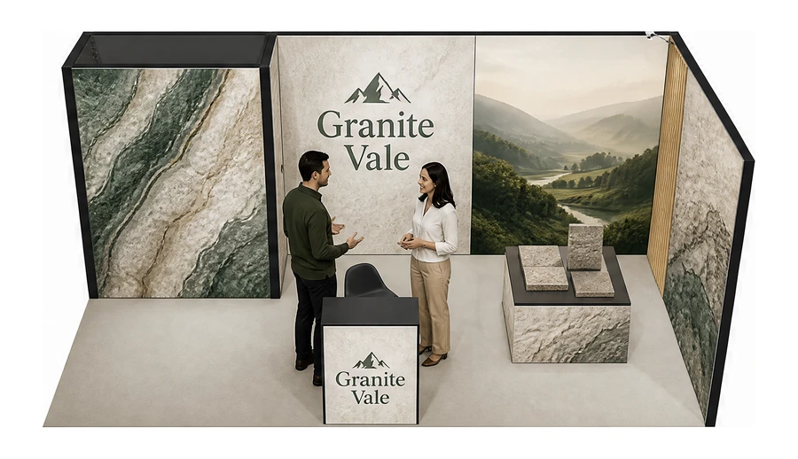 Stoisko 6 × 3 m narożne prawe dla branży kamień i kamieniarstwo, przykładowa marka Granite Vale