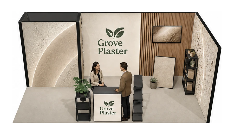 Stoisko 6 × 3 m narożne prawe dla branży wykończenie wnętrz, przykładowa marka Grove Plaster