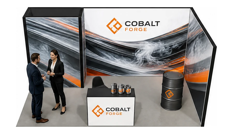 Stoisko 6 × 3 m narożne prawe dla branży chemia przemysłowa i powłoki, przykładowa marka Cobalt Forge