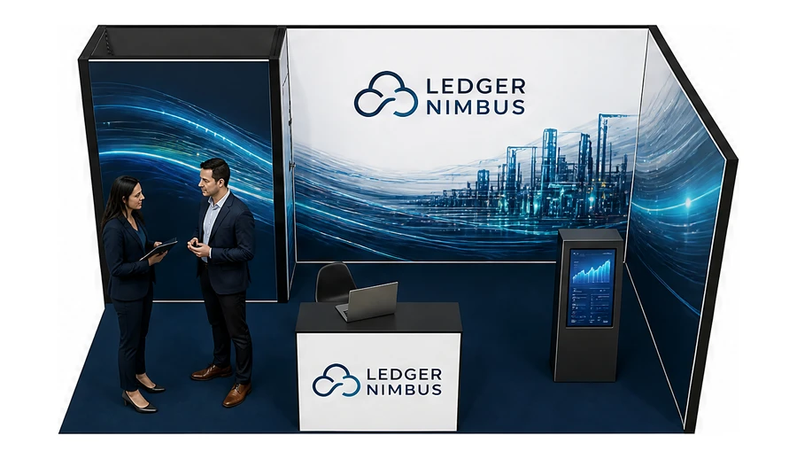 Stoisko 6 × 3 m narożne prawe dla branży oprogramowanie dla firm, przykładowa marka Ledger Nimbus