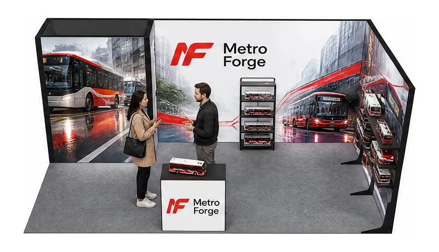 Stoisko 6 × 3 m narożne prawe dla branży autobusy i transport zbiorowy, przykładowa marka Metro Forge