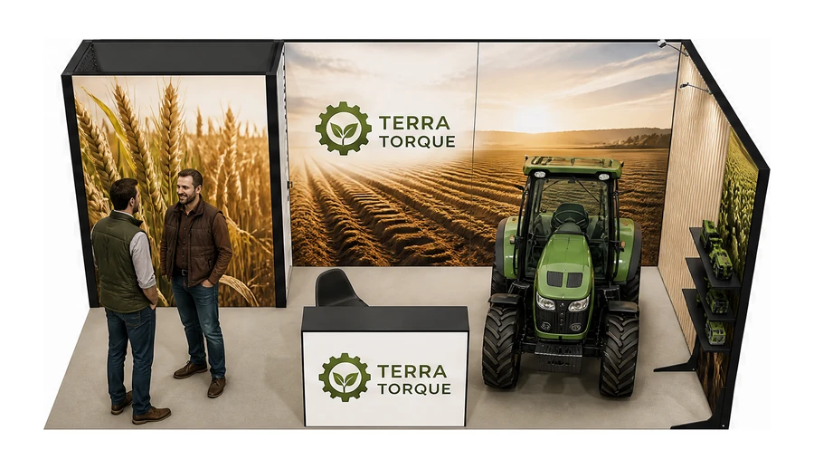 Stoisko 6 × 3 m narożne prawe dla branży maszyny rolnicze, przykładowa marka Terra Torque