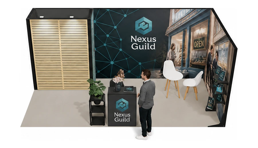 Stoisko 6 × 3 m narożne prawe dla branży franczyza i sieci, przykładowa marka Nexus Guild